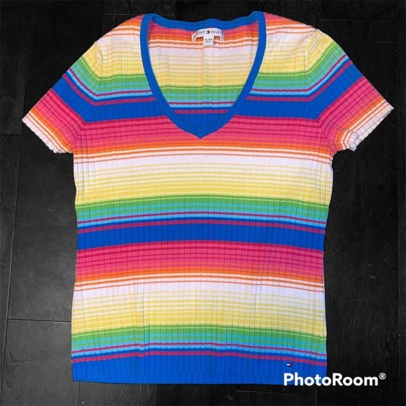 Tommy Hilfiger Sweaters - Tommy Hilfiger Women's Multi Color Striped Short-Sleeve Sweater Size XL V NECK.